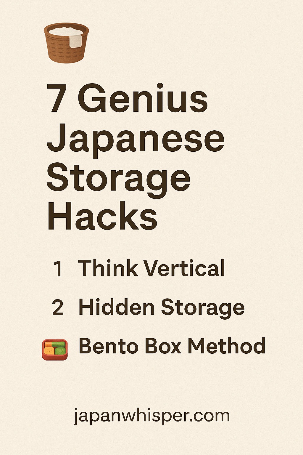 Text graphic listing “7 Genius Japanese Storage Hacks” with an icon of a basket; includes first three tips: Think Vertical, Hidden Storage, and Bento Box Method. Website “japanwhisper.com” at the bottom.