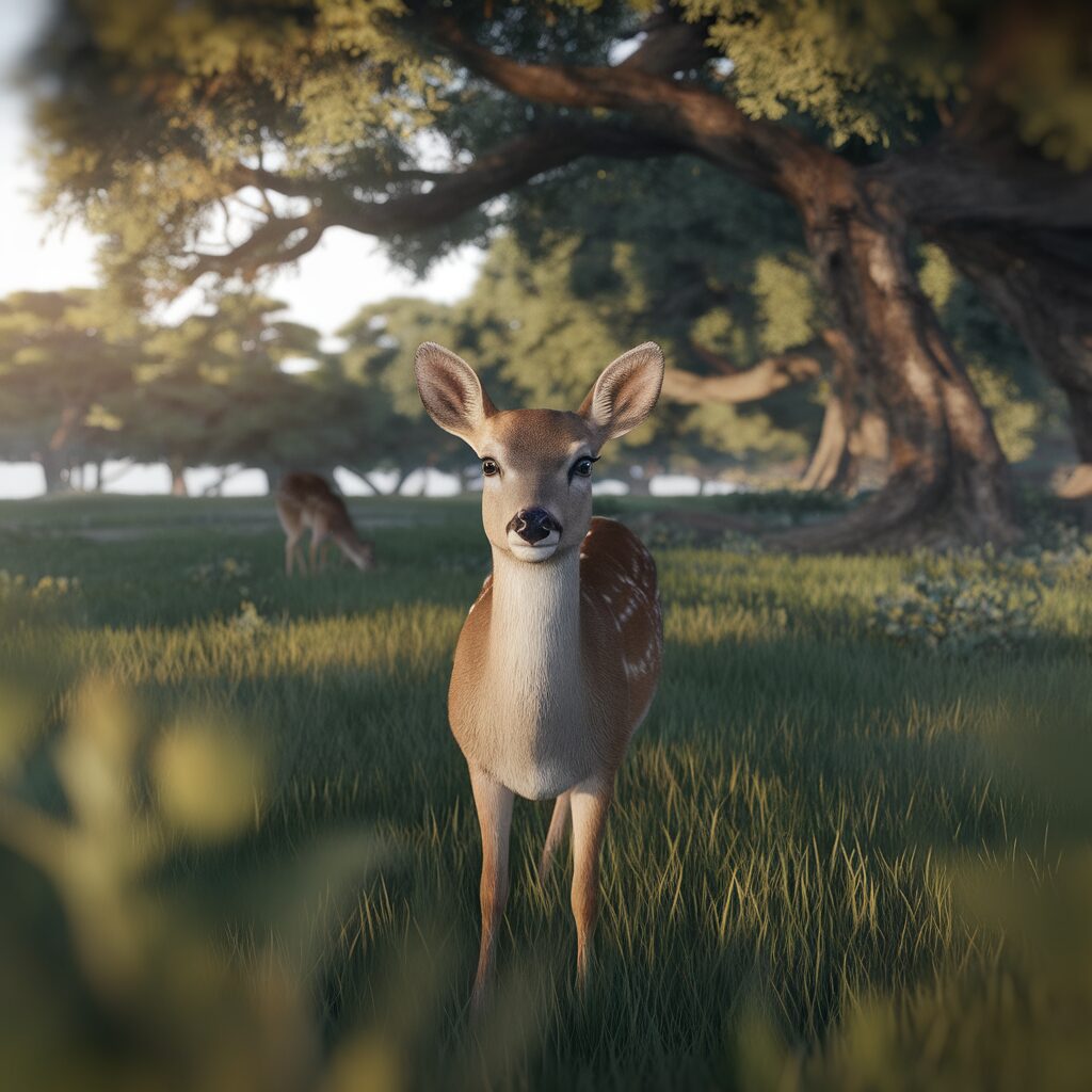 A young deer stands in tall grass in a sunlit forest clearing, with another deer grazing in the background among large trees.