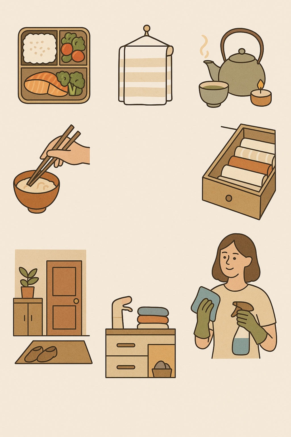 Illustrations of a bento box, towel, teapot, bowl with chopsticks, drawer with towels, door with slippers, cabinet with plant, and a woman cleaning with a spray bottle and cloth.