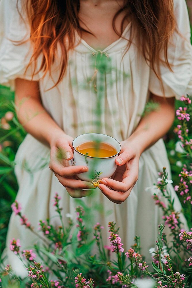 Illustration of a person with long hair sitting at a table, holding a steaming cup of tea, with a green teapot in front of them.