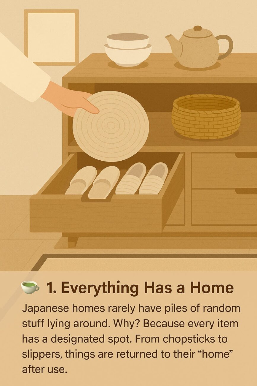 A hand places a woven mat into a cabinet with organized dishes and baskets; a teapot and cup sit on top. Text explains Japanese homes keep items in designated spots.