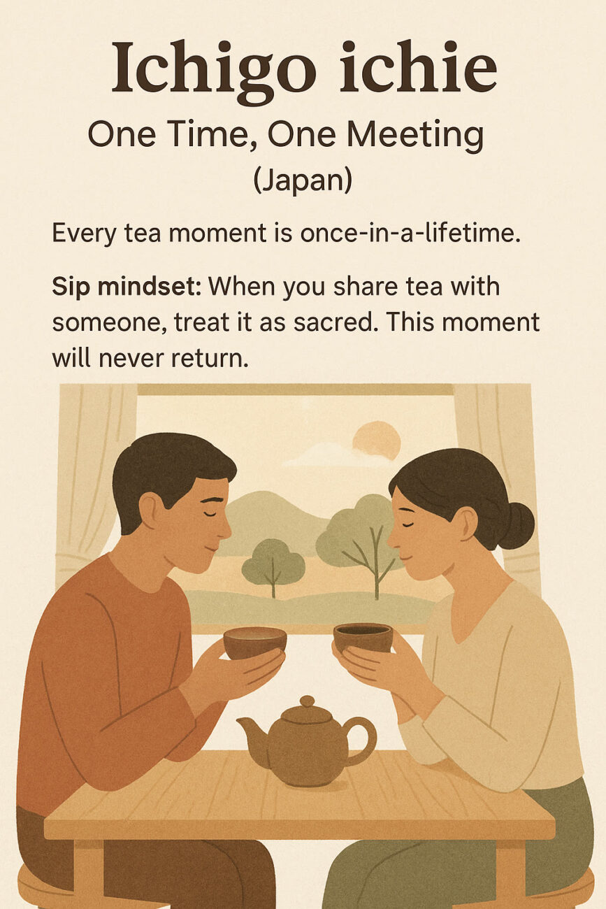 A man and woman sit across from each other, holding teacups, with a teapot on the table between them. Text above explains the Japanese concept "Ichigo ichie.