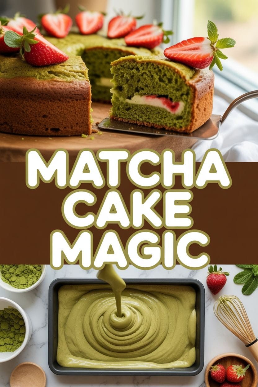 A slice of matcha cake with strawberries is being served; below, matcha cake batter is poured into a baking pan beside matcha powder and strawberries. Text reads "MATCHA CAKE MAGIC.