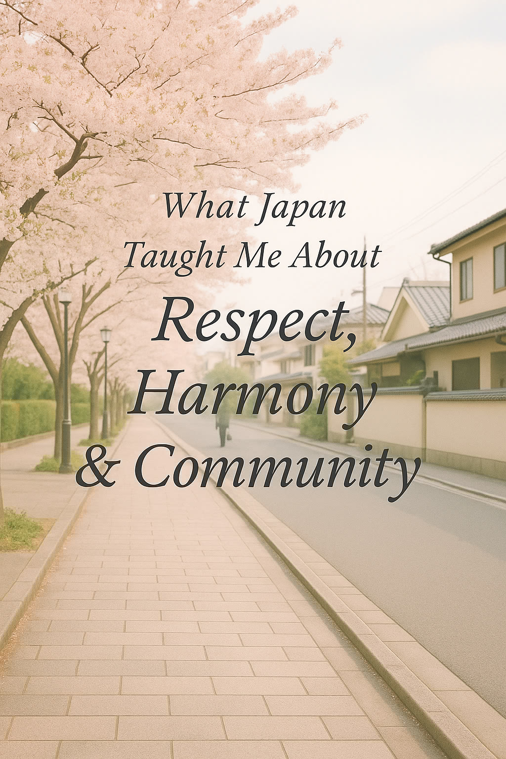 A quiet street lined with cherry blossom trees and traditional Japanese houses, overlaid with the text: "What Japan Taught Me About Respect, Harmony & Community.