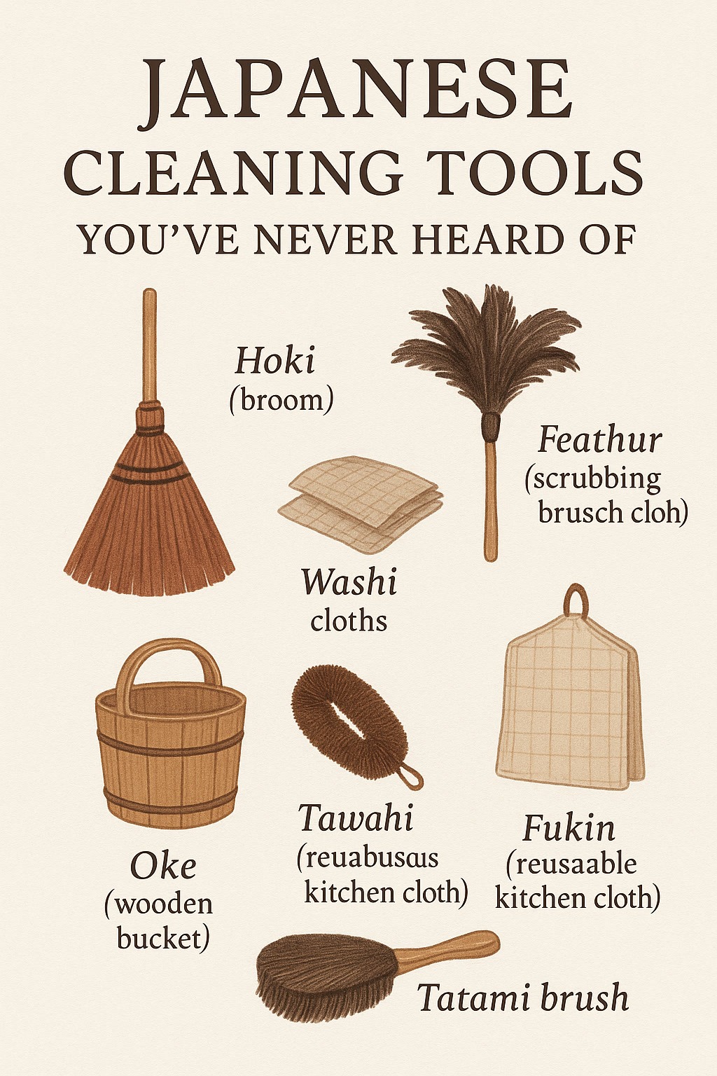 An illustrated guide showcasing six traditional Japanese cleaning tools, each labeled with its name and function, including a broom, brushes, cloths, and a wooden bucket.