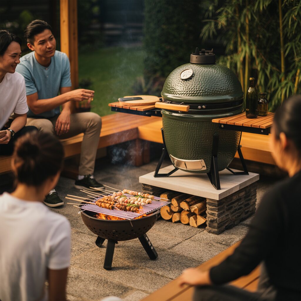 Four people sit around a patio with a green ceramic grill and a small fire pit cooking skewers, surrounded by wooden seating and greenery.