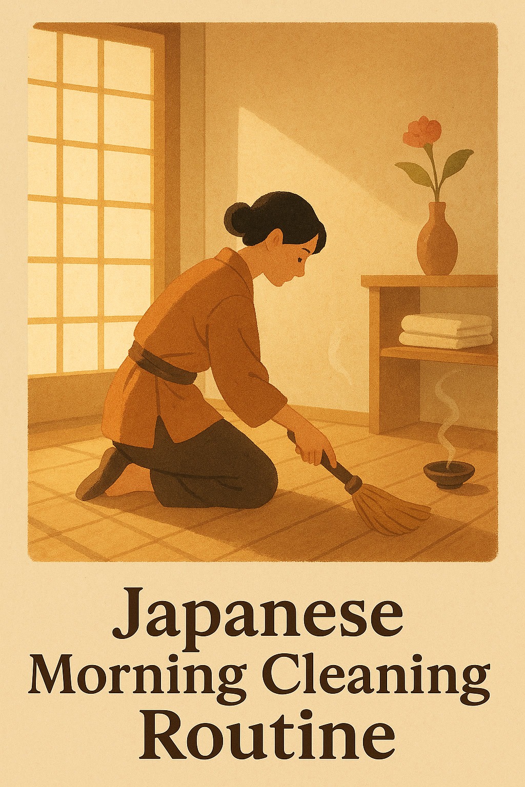 A person kneels on the floor sweeping near a low table with a vase and folded towels; text reads "Japanese Morning Cleaning Routine.