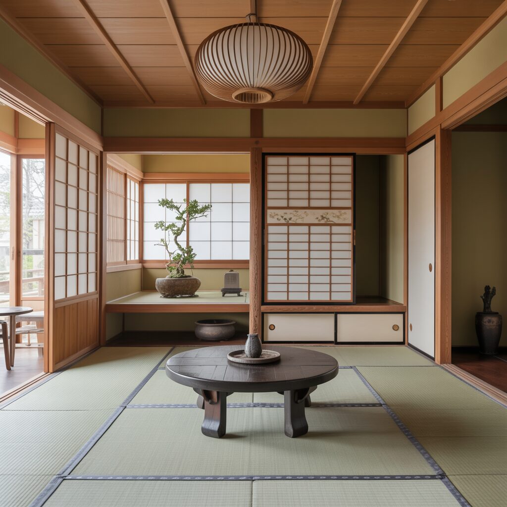 A traditional Japanese tatami room with sliding shoji doors, a low round table, a bonsai plant, and wooden ceiling and accents.
