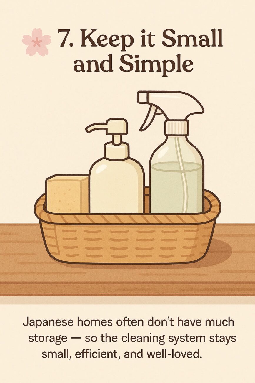A basket with a spray bottle, pump bottle, and sponge on a wooden surface, with text about keeping cleaning small and simple in Japanese homes.
