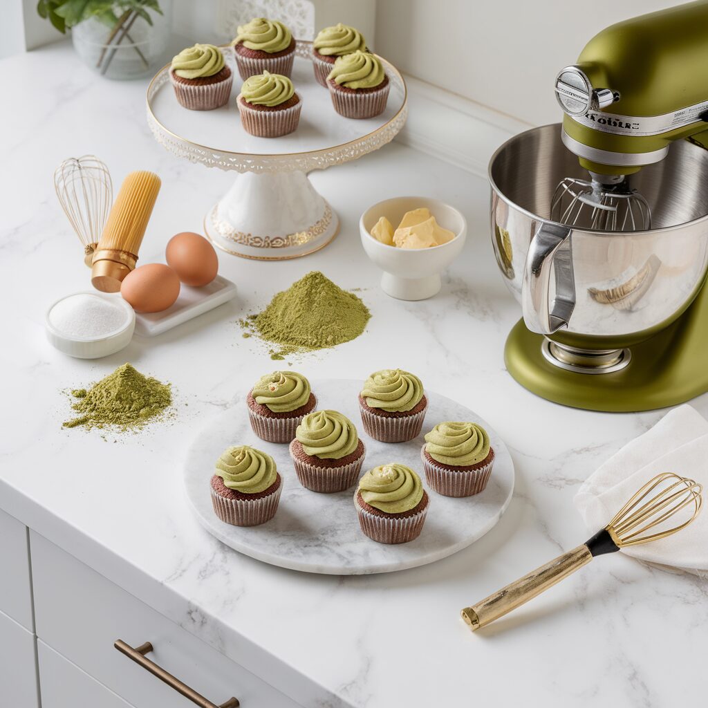 A top-down shot of all ingredients and tools needed to make Matcha Cupcakes, beautifully arranged on a white marble countertop with hints of gold, in natural lighting, captured with an iPhone 15 Pro.