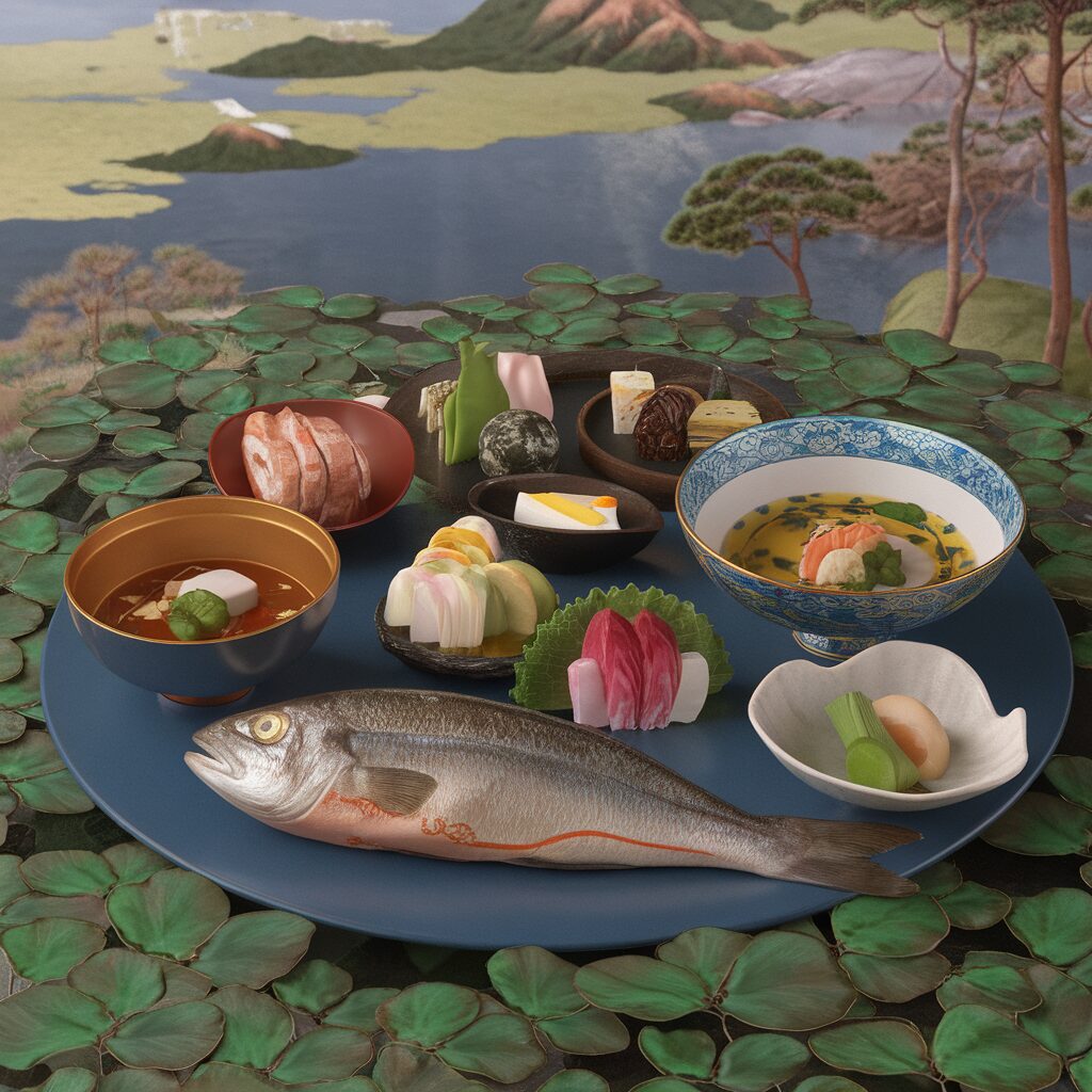 An assortment of Japanese dishes, including a whole grilled fish, sashimi, soup, and various appetizers, arranged on a blue plate with a scenic landscape in the background.