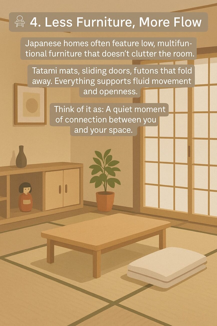A minimalist Japanese-style room with a low table, floor cushion, tatami mats, a potted plant, sliding doors, and a decorative doll on a shelf. Text explains the benefits of less furniture.