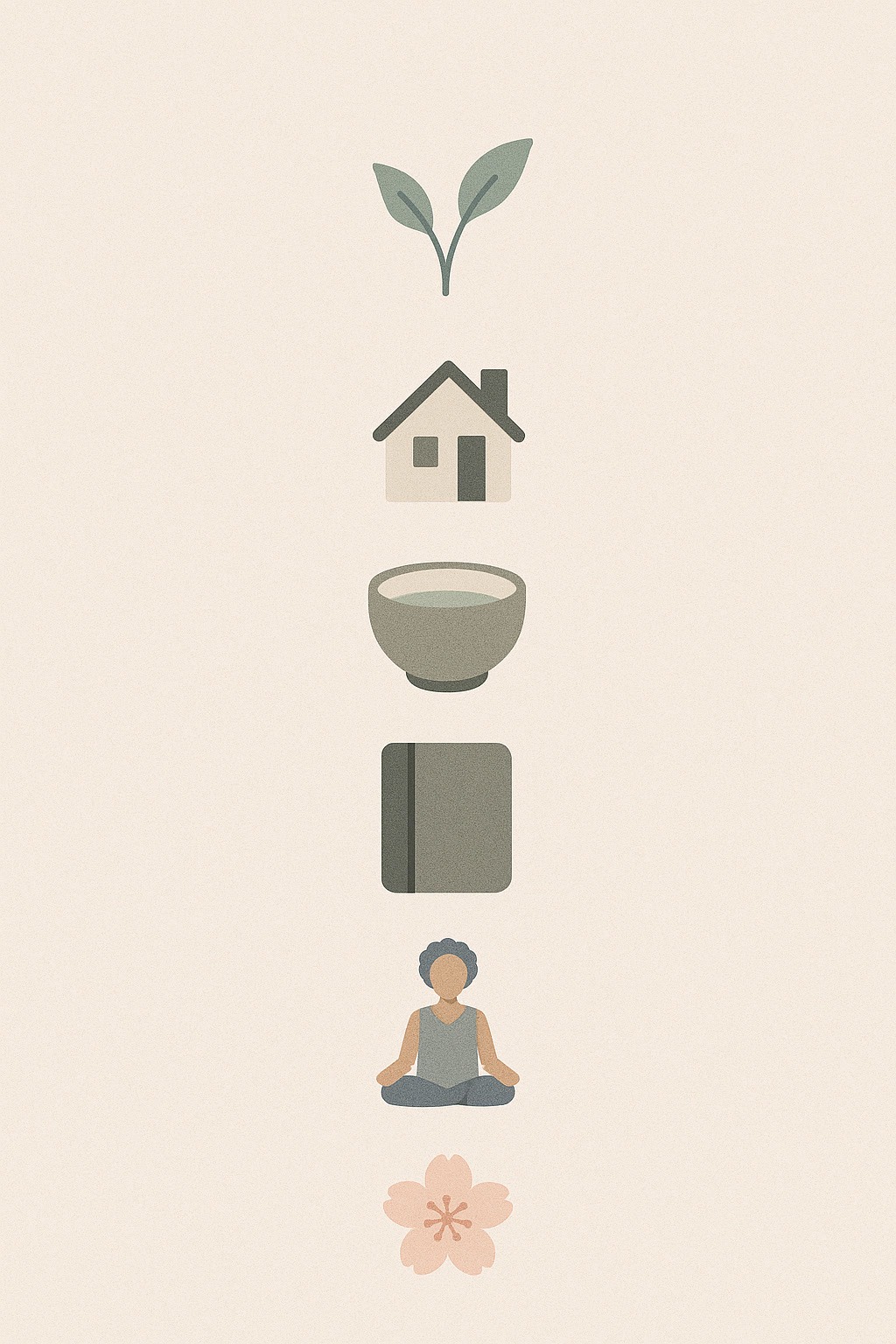 Minimalist illustration featuring a plant sprout, a house, a bowl, a closed book, a person meditating, and a flower arranged vertically on a light background.