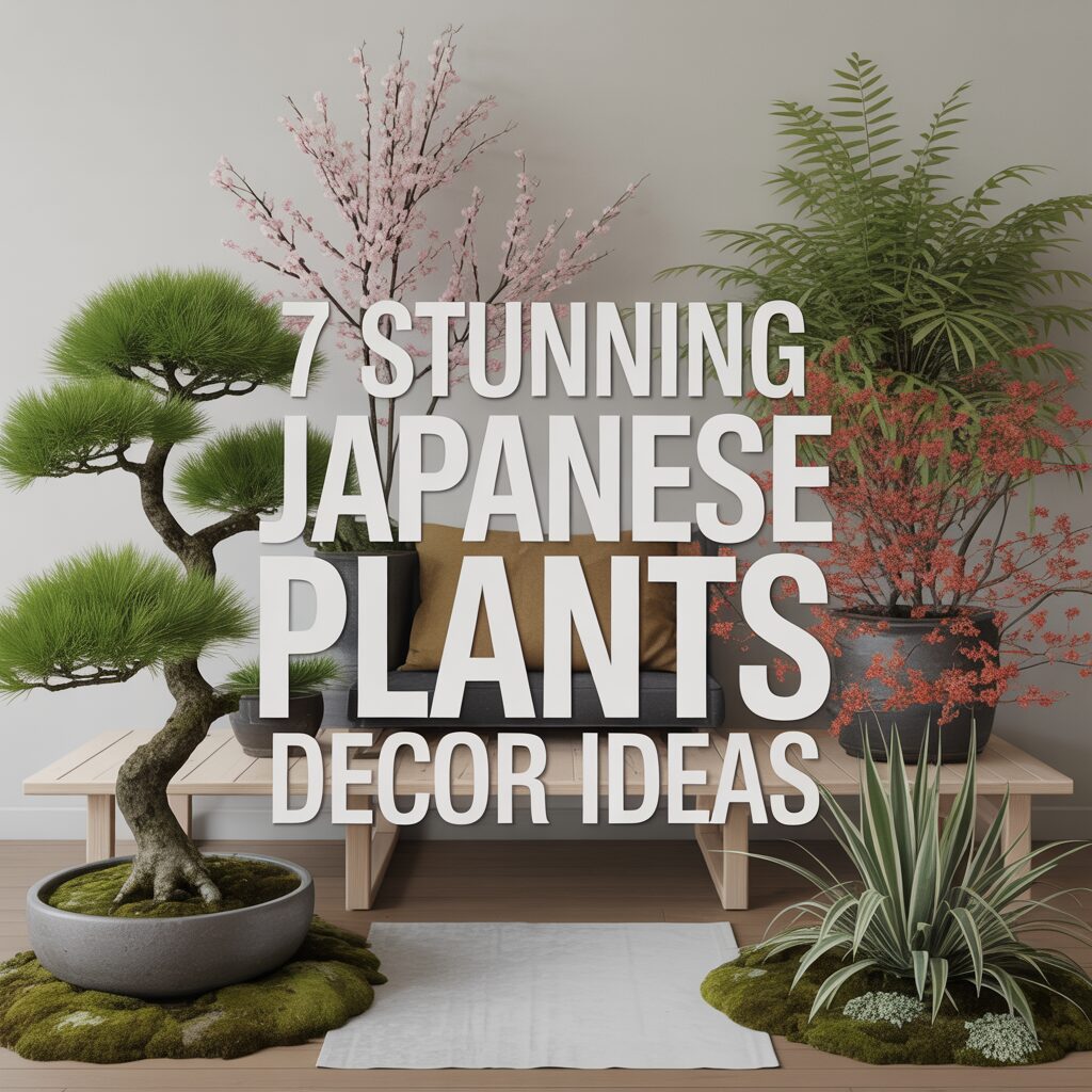 A modern room displays various Japanese plants in pots, a low wooden bench with cushions, and decor text reading "7 Stunning Japanese Plants Decor Ideas.