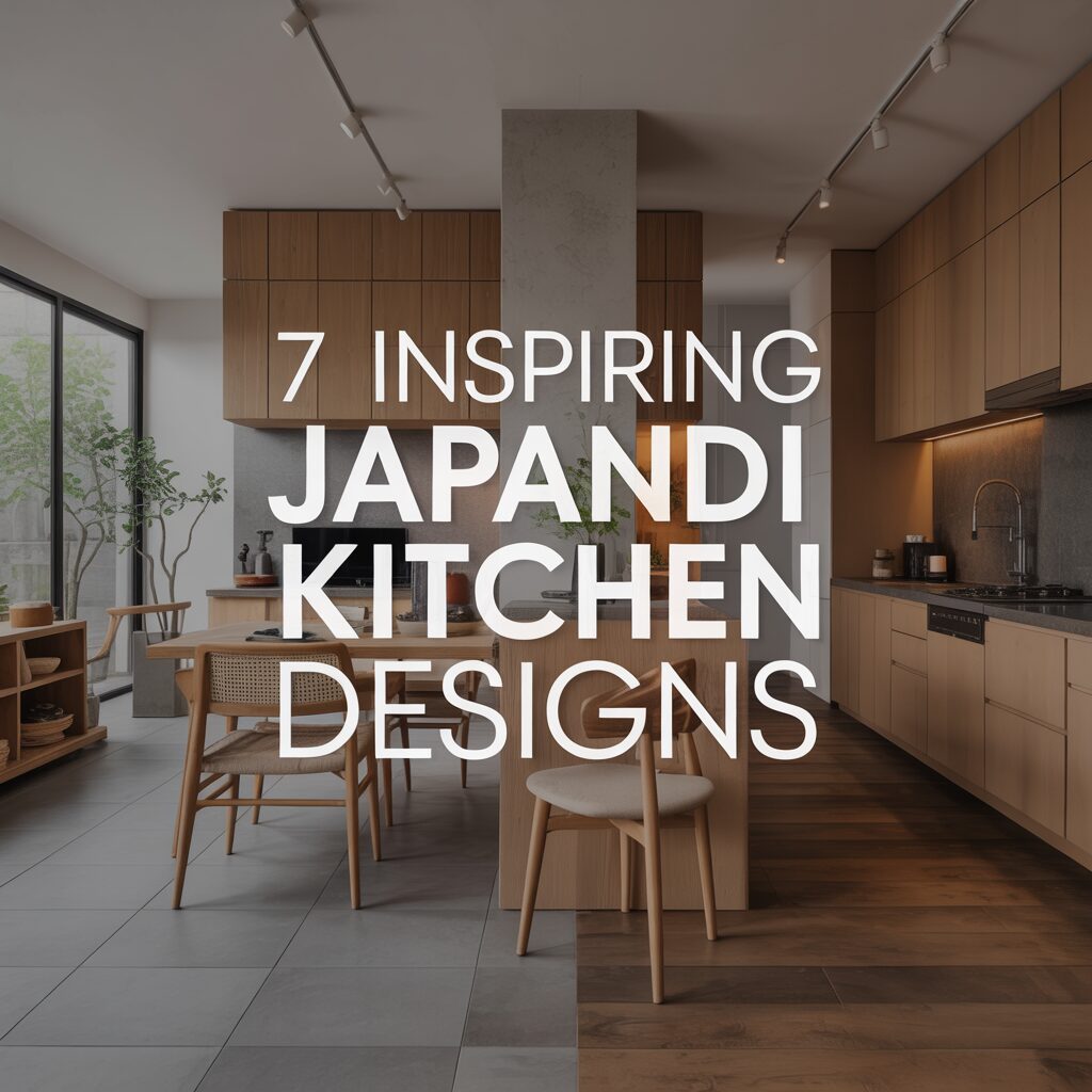 Modern kitchen featuring light wood cabinetry, minimalist furniture, and a blend of natural and warm lighting, overlaid with the text: "7 Inspiring Japandi Kitchen Designs.
