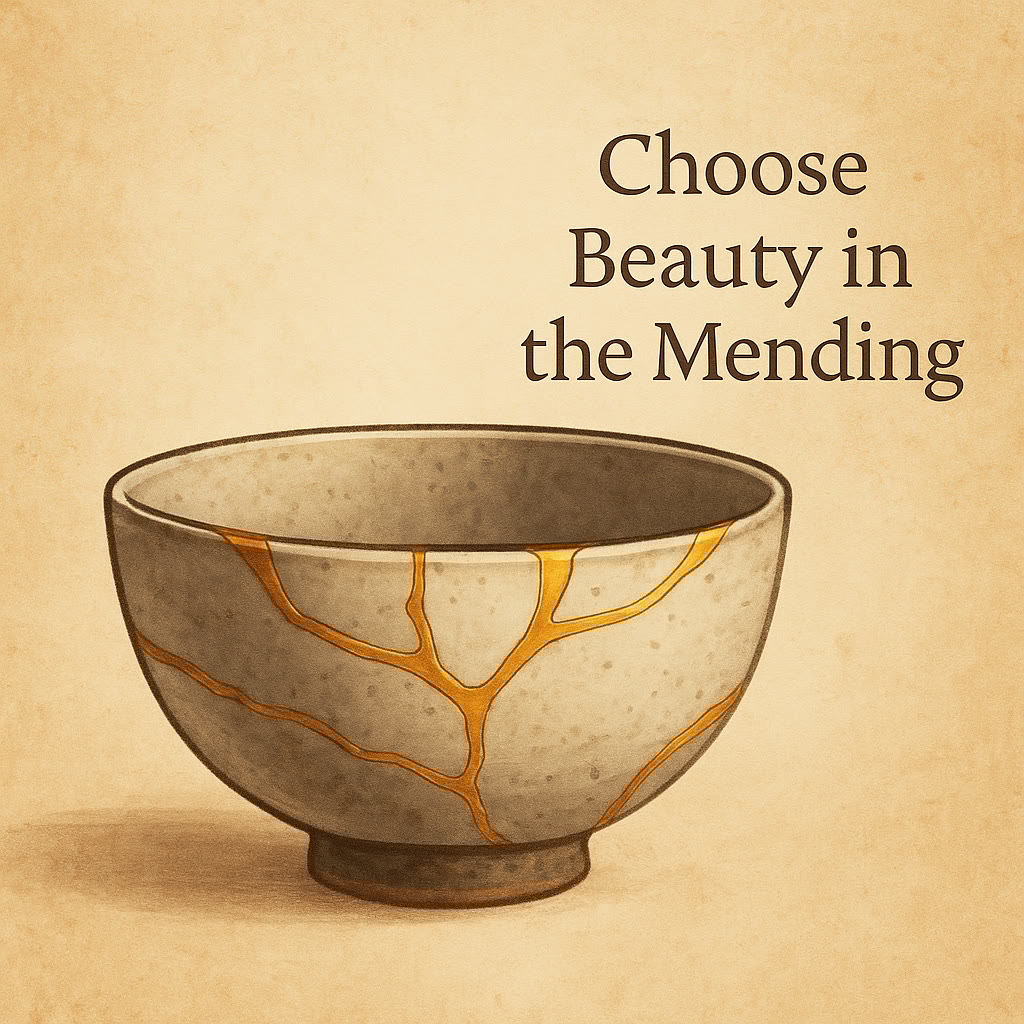 A ceramic bowl repaired with gold, illustrating the kintsugi technique, sits beside the text "Choose Beauty in the Mending" on a beige background.