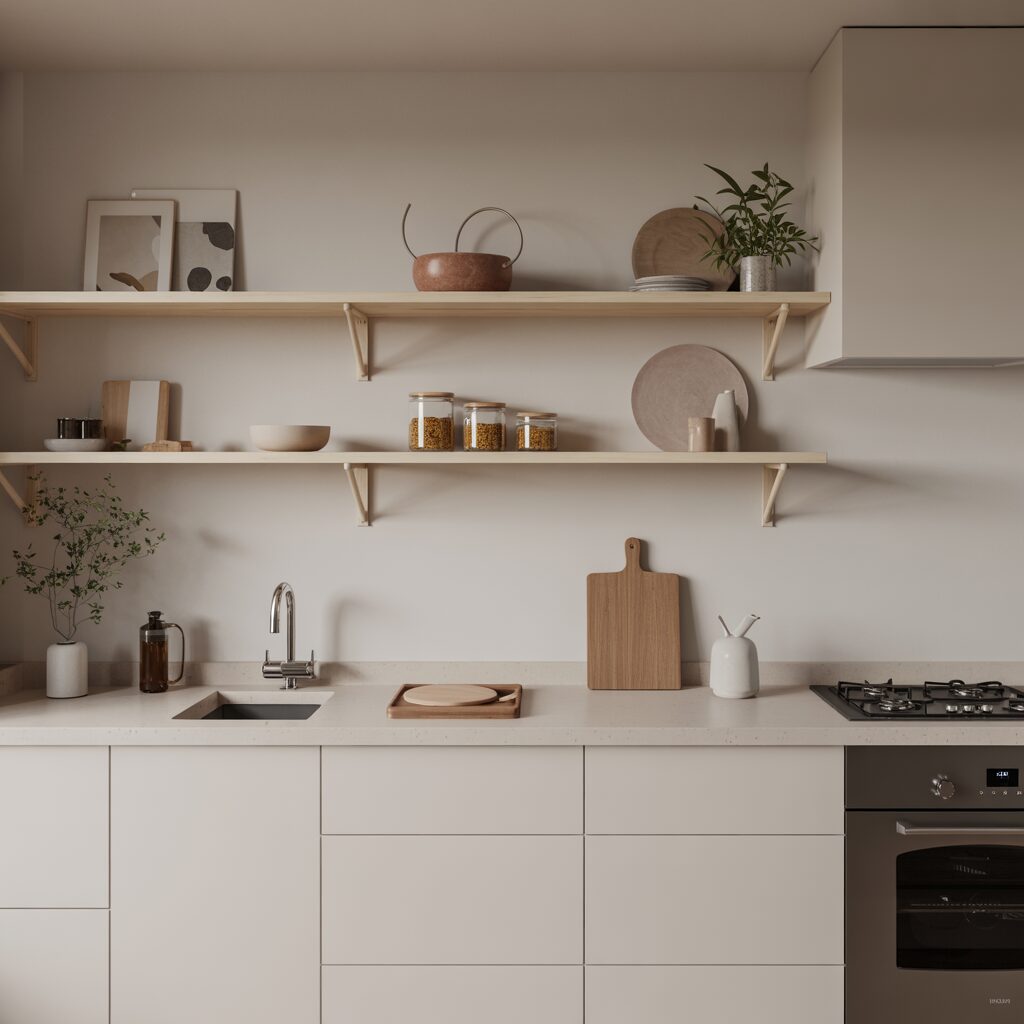 Minimalist kitchen with light-colored cabinets, open wooden shelves holding jars, dishes, plants, and decor, a sink, cutting boards, and a built-in stove.