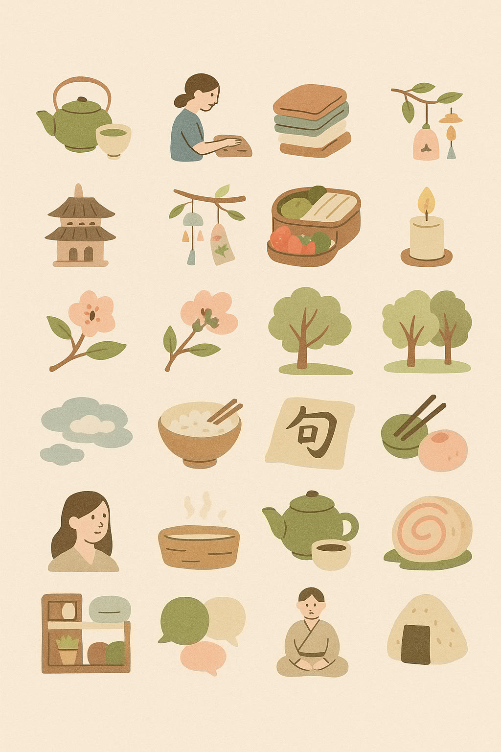 A collection of pastel-colored icons featuring Japanese cultural items, food, nature, and people, arranged in a grid on a light background.