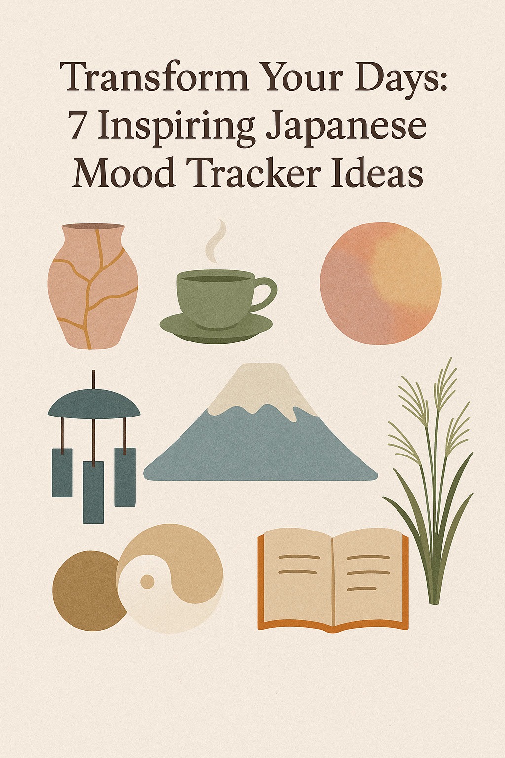 A minimalist illustration features a vase, tea cup, sun, wind chime, Mount Fuji, plant, yin-yang symbol, and open book beneath the title "Transform Your Days: 7 Inspiring Japanese Mood Tracker Ideas.