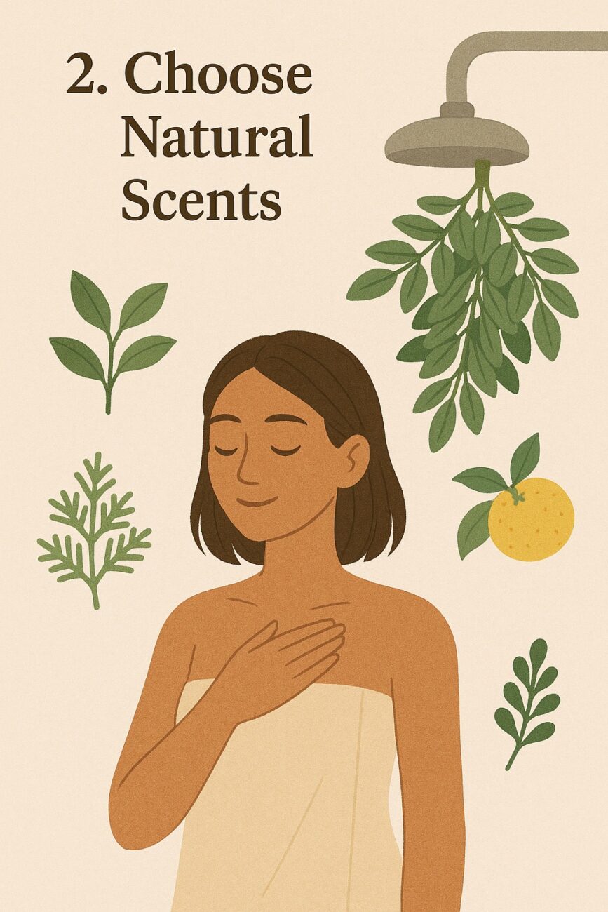 Illustration of a woman wrapped in a towel standing under a shower with hanging herbs and a fruit, surrounded by leaves, with the text "2. Choose Natural Scents.