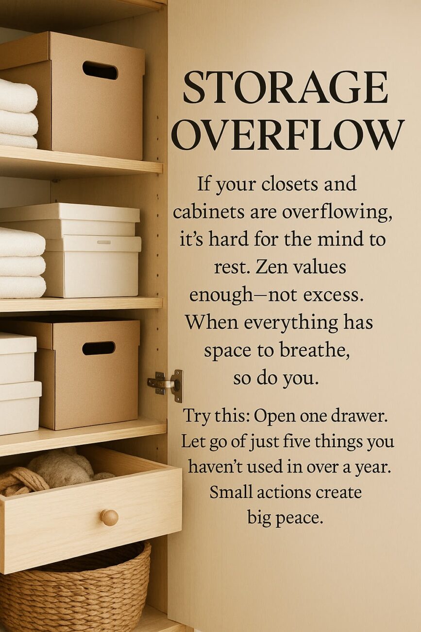 Open closet with shelves holding folded towels and storage boxes. A drawer is pulled out, revealing a woven basket. Text on the wall gives decluttering advice for peace of mind.