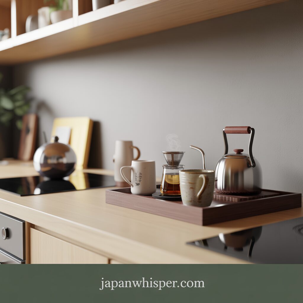 A wooden tray with a teapot, cups, and a glass pour-over coffee maker sits on a light kitchen counter; steam rises from the kettle.