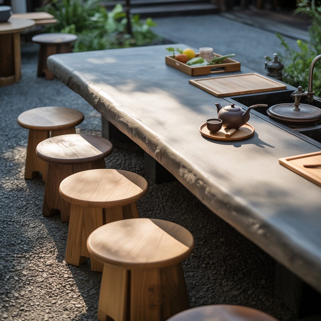 A concrete outdoor table is set with a teapot, cups, and a fruit tray, surrounded by small wooden stools on a gravel surface with greenery nearby.