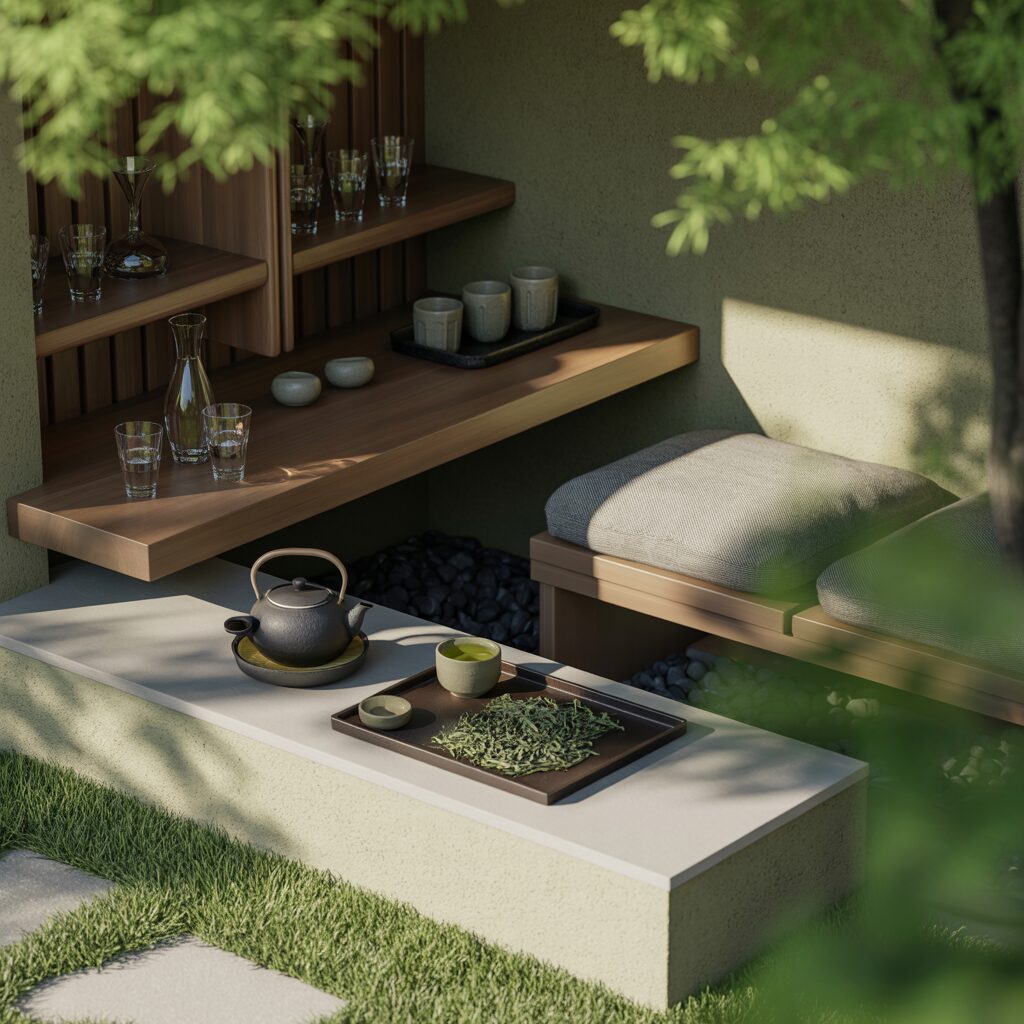 Outdoor tea setting with a teapot, cups, and tea leaves on a tray atop a stone table, wooden shelves with glassware, and cushioned bench seating, surrounded by greenery.