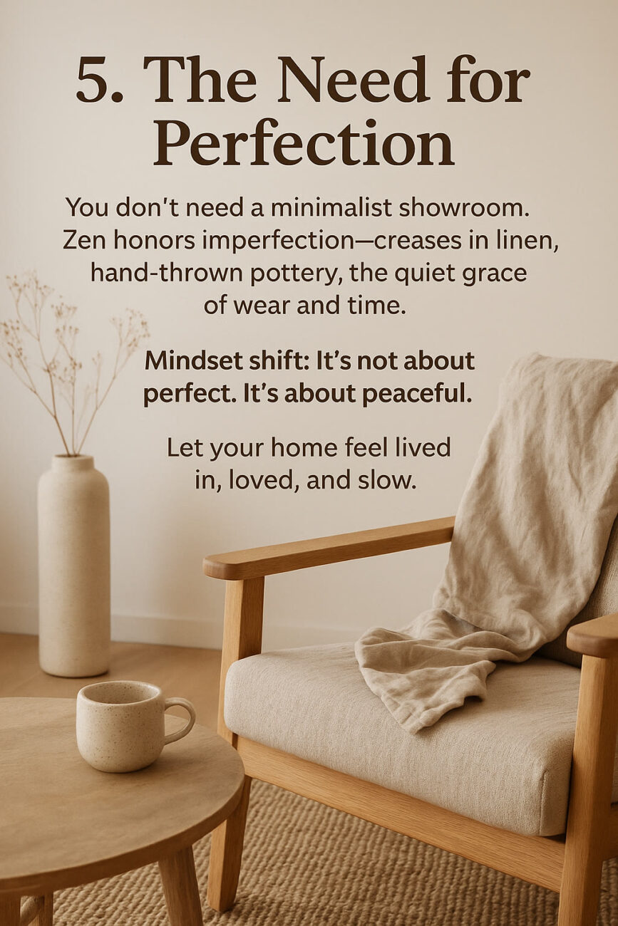 A cozy, minimalist living space with a wooden chair draped with a beige blanket, a round table with a cup, a vase with dried flowers, and text about embracing imperfection.