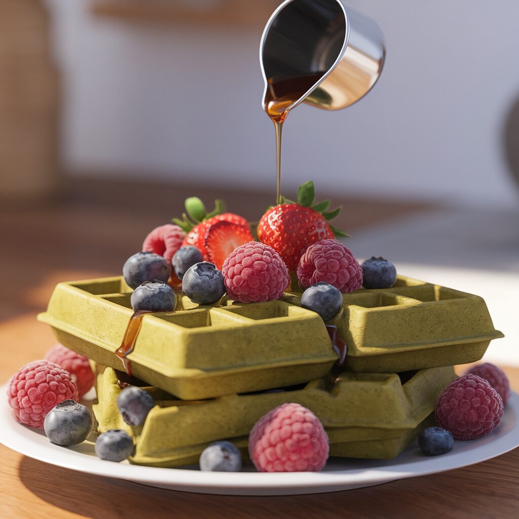A stack of matcha waffles topped with strawberries, blueberries, and raspberries, with syrup being poured over them on a white plate.