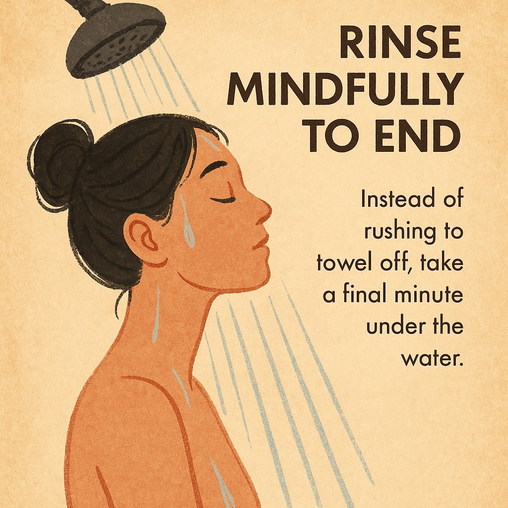Illustration of a person showering with water running, accompanied by text encouraging mindful rinsing at the end of a shower.