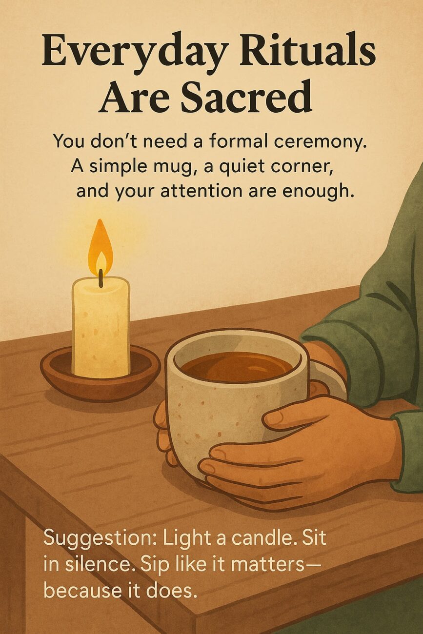An illustration of a hand holding a mug next to a lit candle on a table, with text about the importance of everyday rituals and mindful moments.