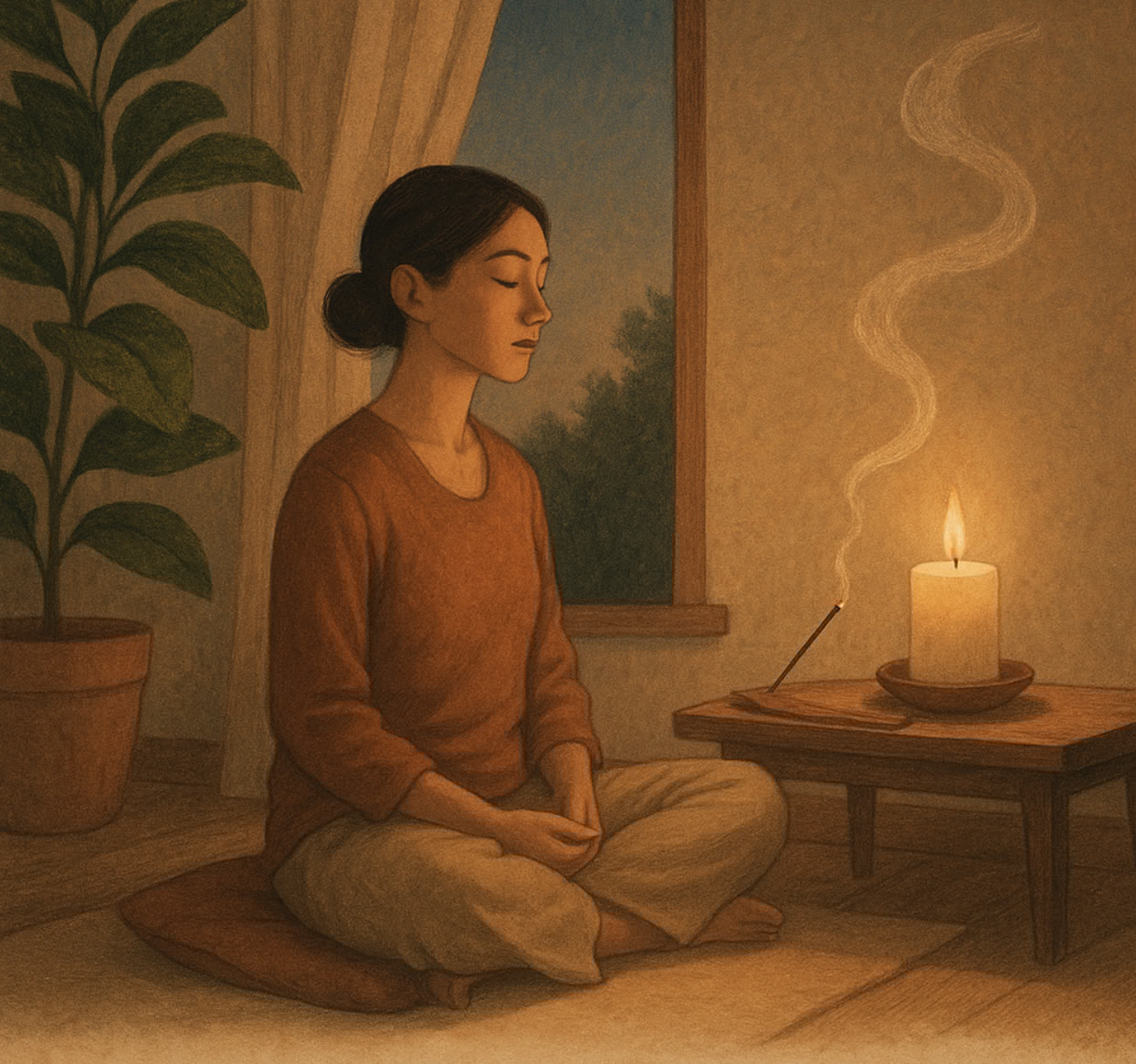 A woman sits cross-legged on a cushion meditating indoors beside a lit candle and incense, with a potted plant and window in the background.
