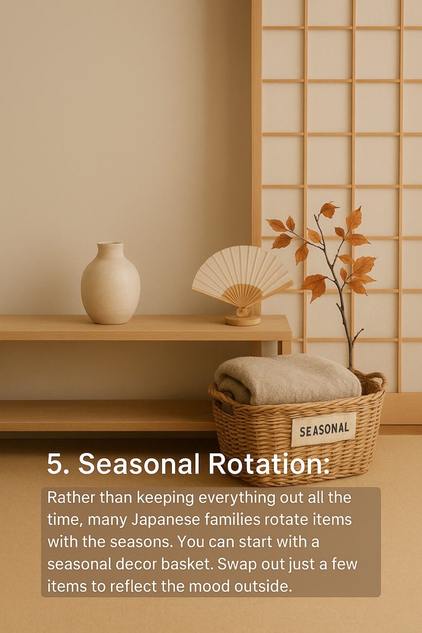 A minimalist room with a basket labeled "seasonal," containing folded blankets, a vase, a fan, and a branch with autumn leaves, next to a wooden shelf and shoji screen.