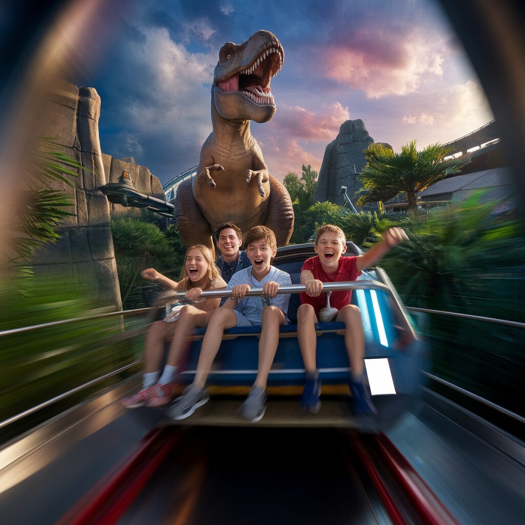 Create a photograph of Osaka with children: Explore Universal Studios Japan—show a towering T-Rex as the hero, part of a thrilling ride in the Jurassic Park area. Families are captured in mid-scream, with lush greenery and dramatic clouds enhancing the excitement. Bright, dynamic lighting highlights the theme park's vibrant colors. Frame it with a wide-angle action shot, focusing on the ride's energy and the children's exhilaration.