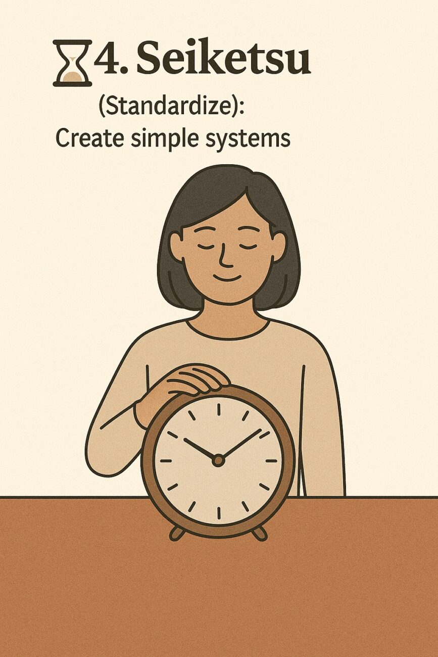 Illustration of a person sitting at a table, touching a large clock, with the text "4. Seiketsu (Standardize): Create simple systems" above.