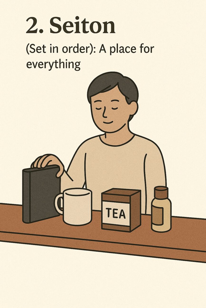 An illustration of a person organizing items—book, mug, tea box, and bottle—on a table, with the text "2. Seiton (Set in order): A place for everything.