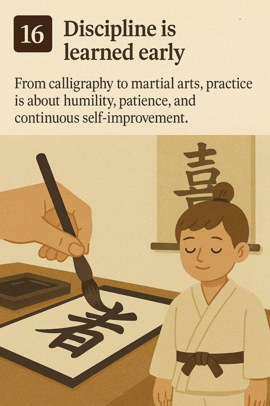 An adult hand paints calligraphy while a child in martial arts attire observes, with wall art and a desk in the background. Text emphasizes early learning of discipline through practice.