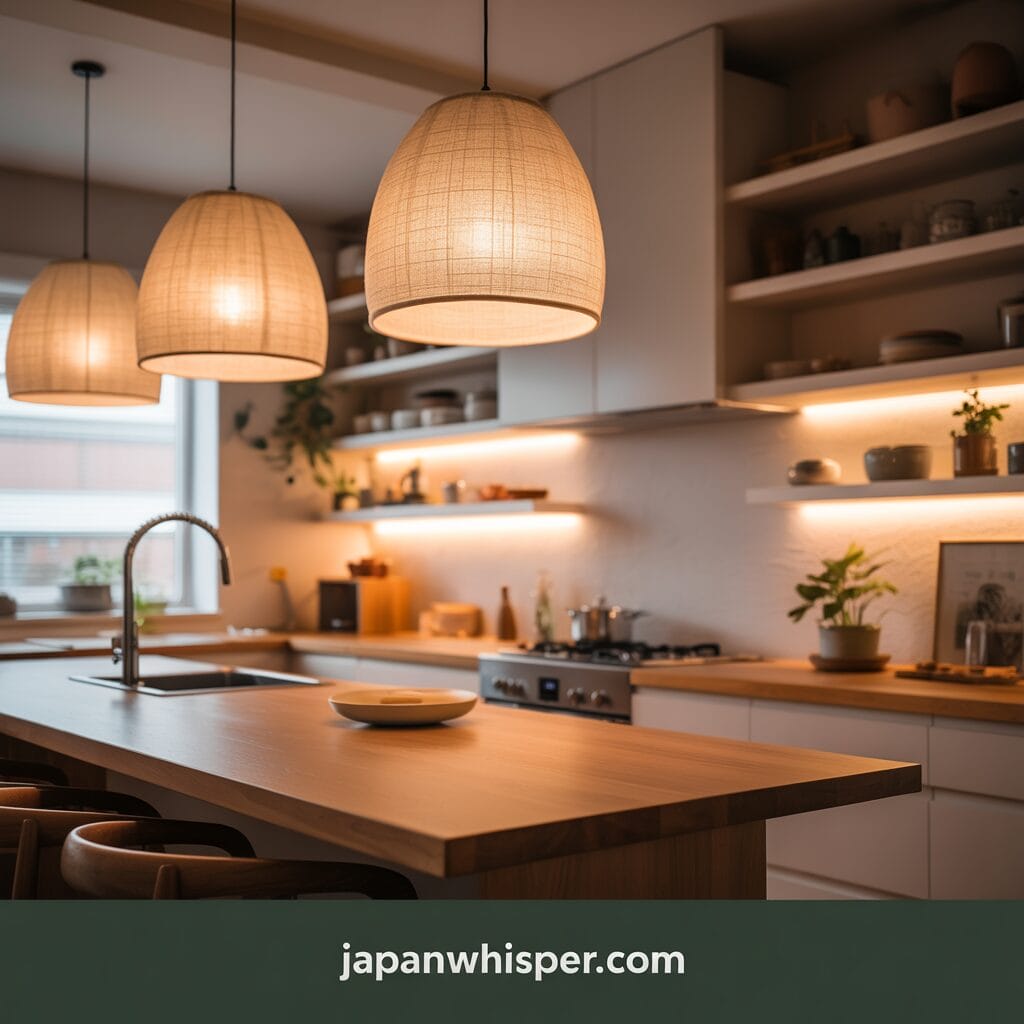 Modern kitchen with wooden island, pendant lights, open shelving, and various plants and dishes; text at the bottom reads "japanwhisper.com".