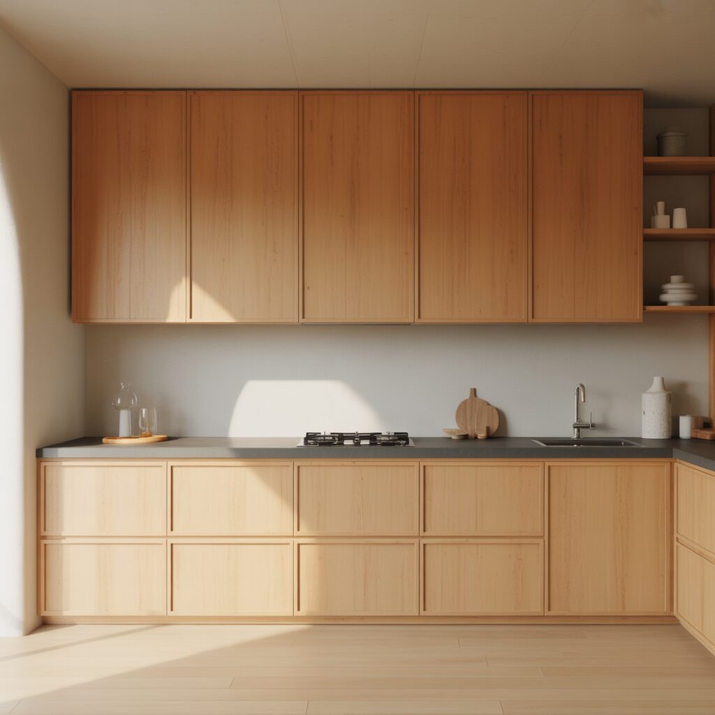 Minimalist kitchen with light wood cabinets, built-in gas cooktop, sink, and a few decorative items on the counter and shelves. Sunlight streams in from the left.