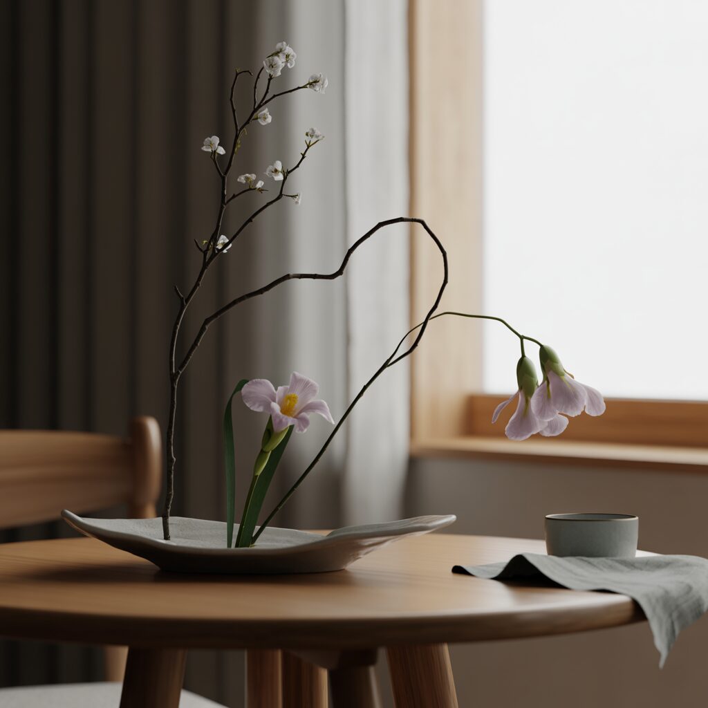 A minimalist flower arrangement with branches and two types of flowers sits on a round wooden table beside a cup and napkin near a window.