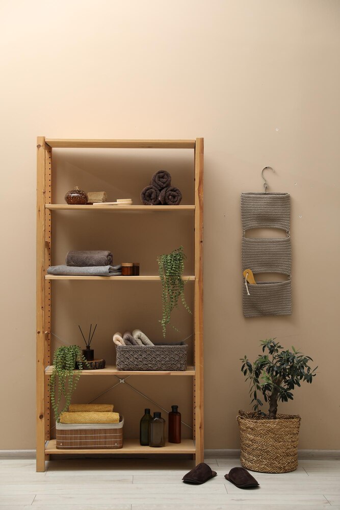 A wooden shelf with two drawers holds a folded towel, a ceramic vase, and two books; a small rug lies on the floor in front.