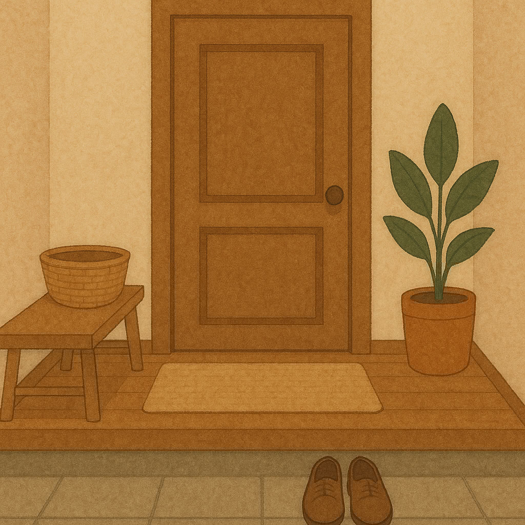 Illustration of an entryway with a closed wooden door, a potted plant, a small bench with a basket, a doormat, and a pair of brown shoes on the floor.
