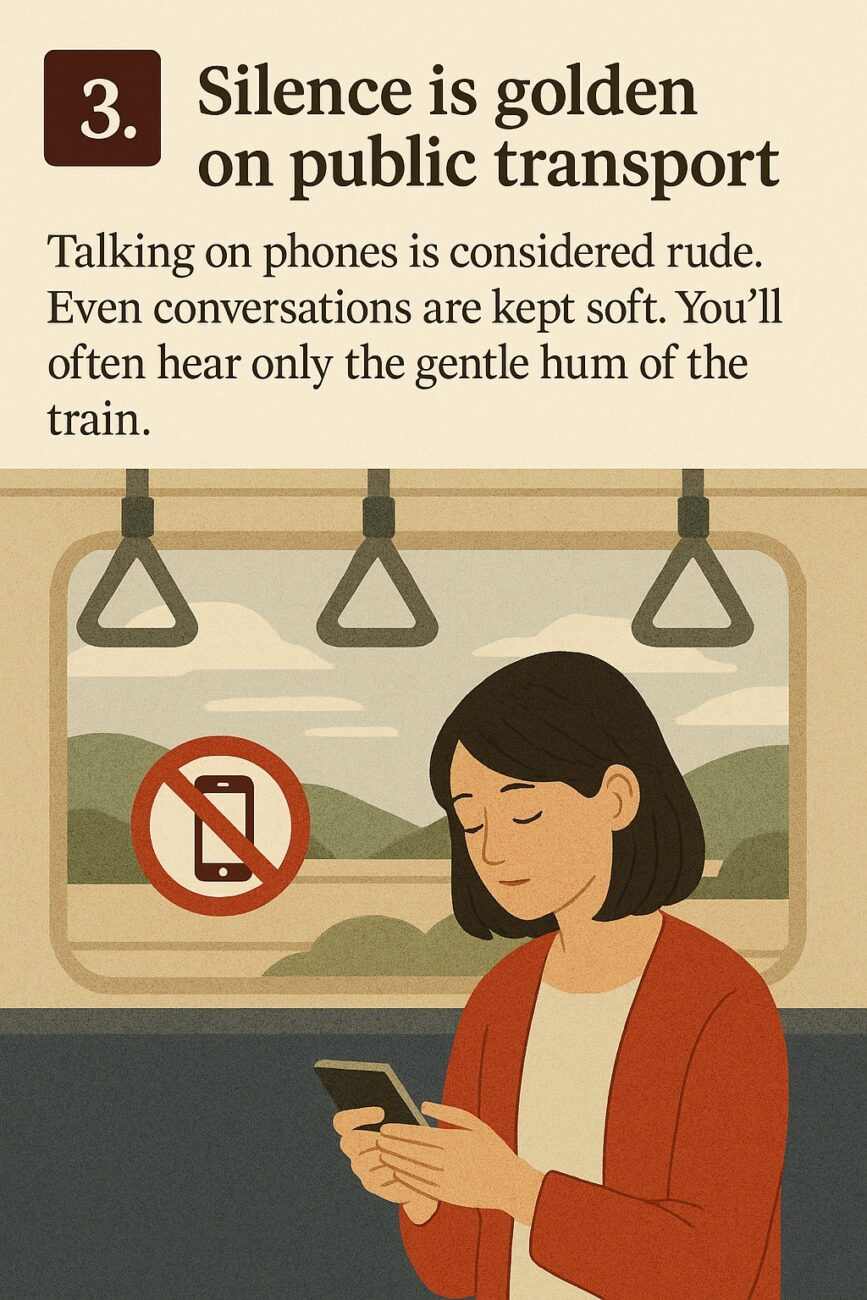 Illustration of a woman quietly using her phone on a train, with a no phone conversation sign and a message about keeping noise to a minimum on public transport.