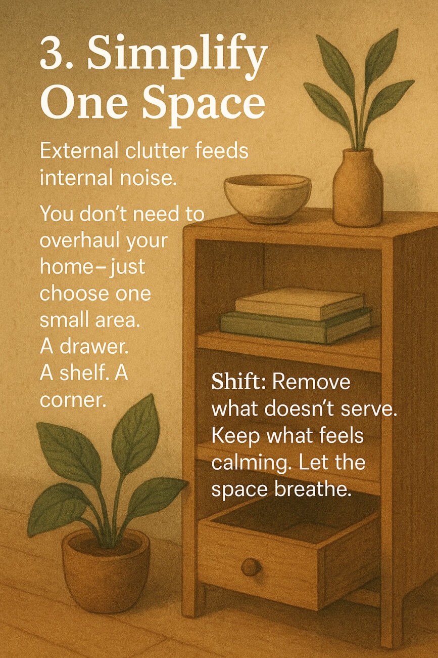 A small wooden shelf with books and vases stands beside two potted plants. Text offers advice on simplifying and decluttering one area to create a calm space.