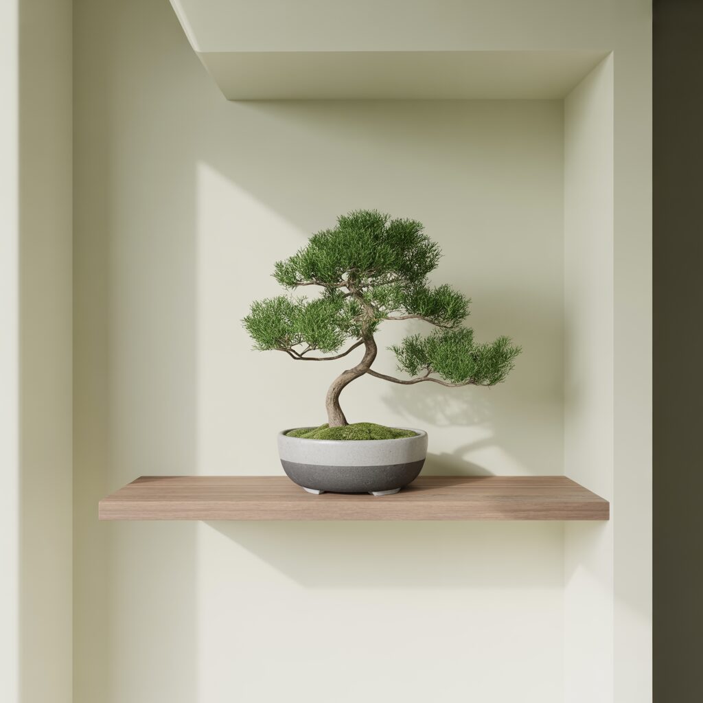 A small bonsai tree in a round planter sits on a wooden shelf, set against a light-colored wall with sunlight casting shadows.