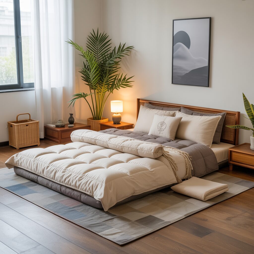A neatly made bed with a thick comforter in a modern, minimalist bedroom featuring wooden furniture, a potted plant, soft lighting, and a framed abstract artwork on the wall.