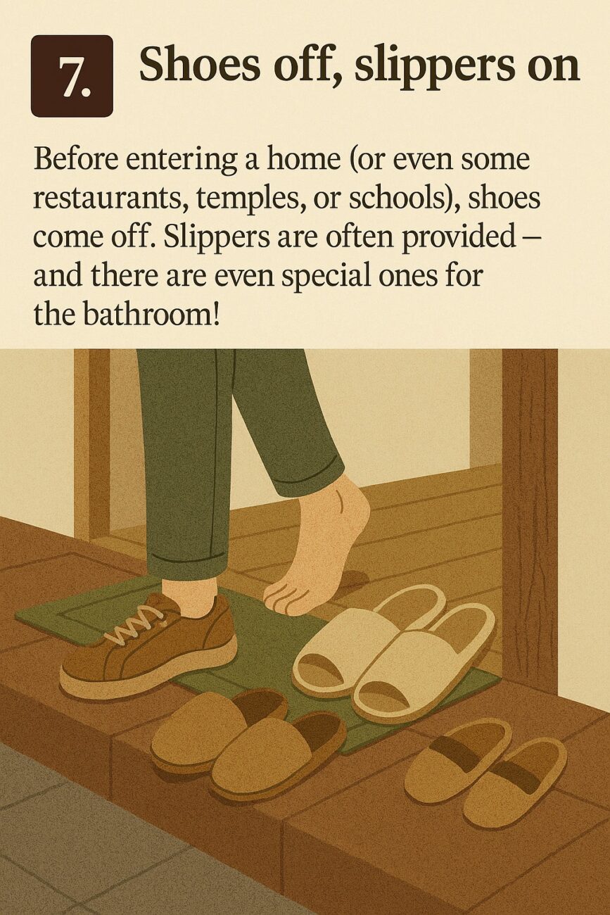 A person removes their shoes and steps onto a mat beside several pairs of slippers at the entrance of a home, illustrating the custom of wearing slippers indoors.