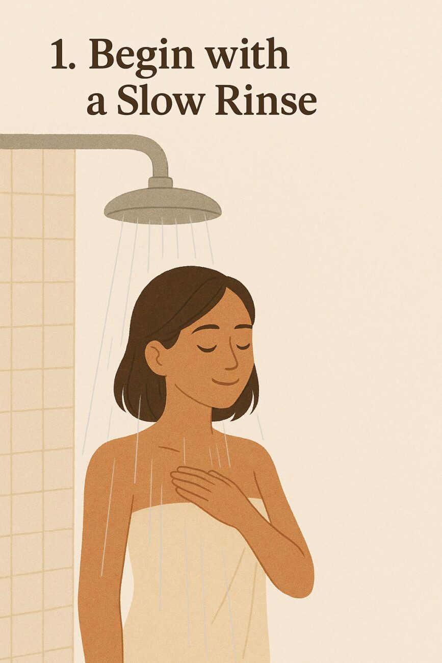 Illustration of a person standing under a shower with water running, eyes closed, and one hand on their chest. Text reads "1. Begin with a Slow Rinse.