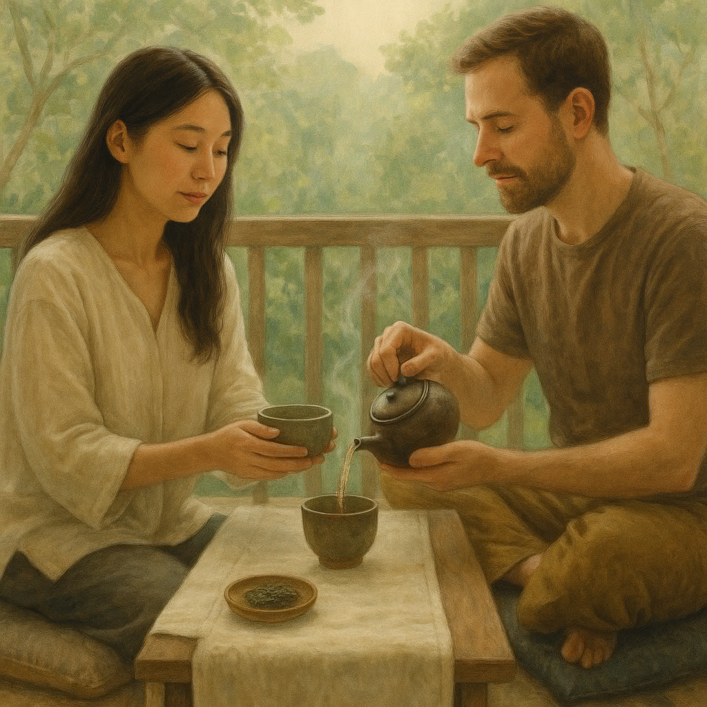 A woman and a man sit cross-legged on a balcony, quietly sharing tea. The man pours tea into a cup while the woman holds another cup. Trees are visible in the background.